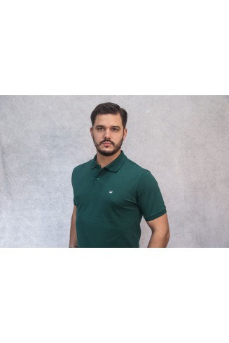 Polo Pima Piquet Verde Escuro com Bandeira